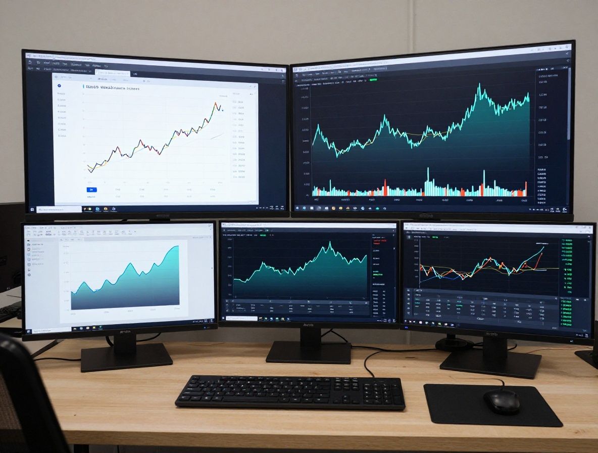 Дашборд с финансовыми графиками, свечными диаграммами крипторынка и показателями Web3 на мониторах аналитика