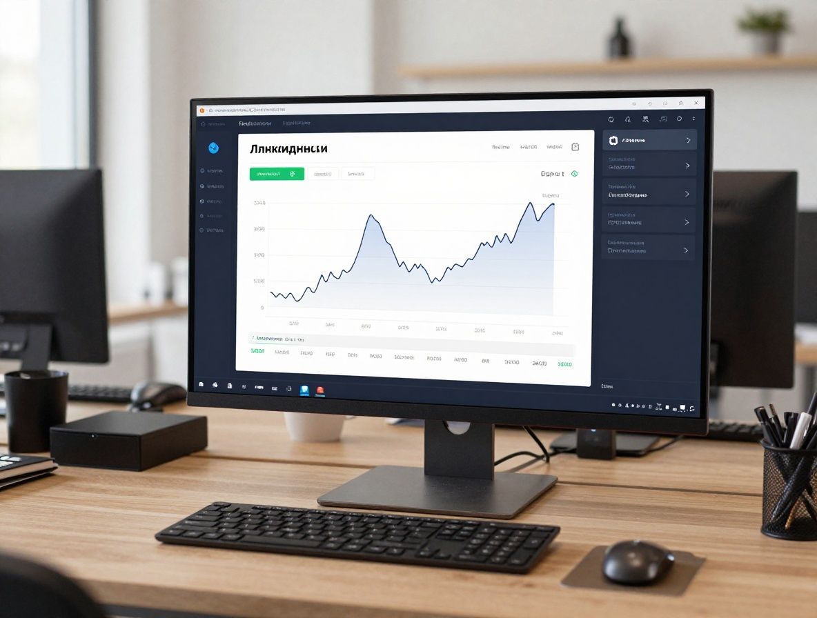 Интерфейс децентрализованной биржи на экране ноутбука с графиками ликвидности и смарт-контрактами, современный финтех офис