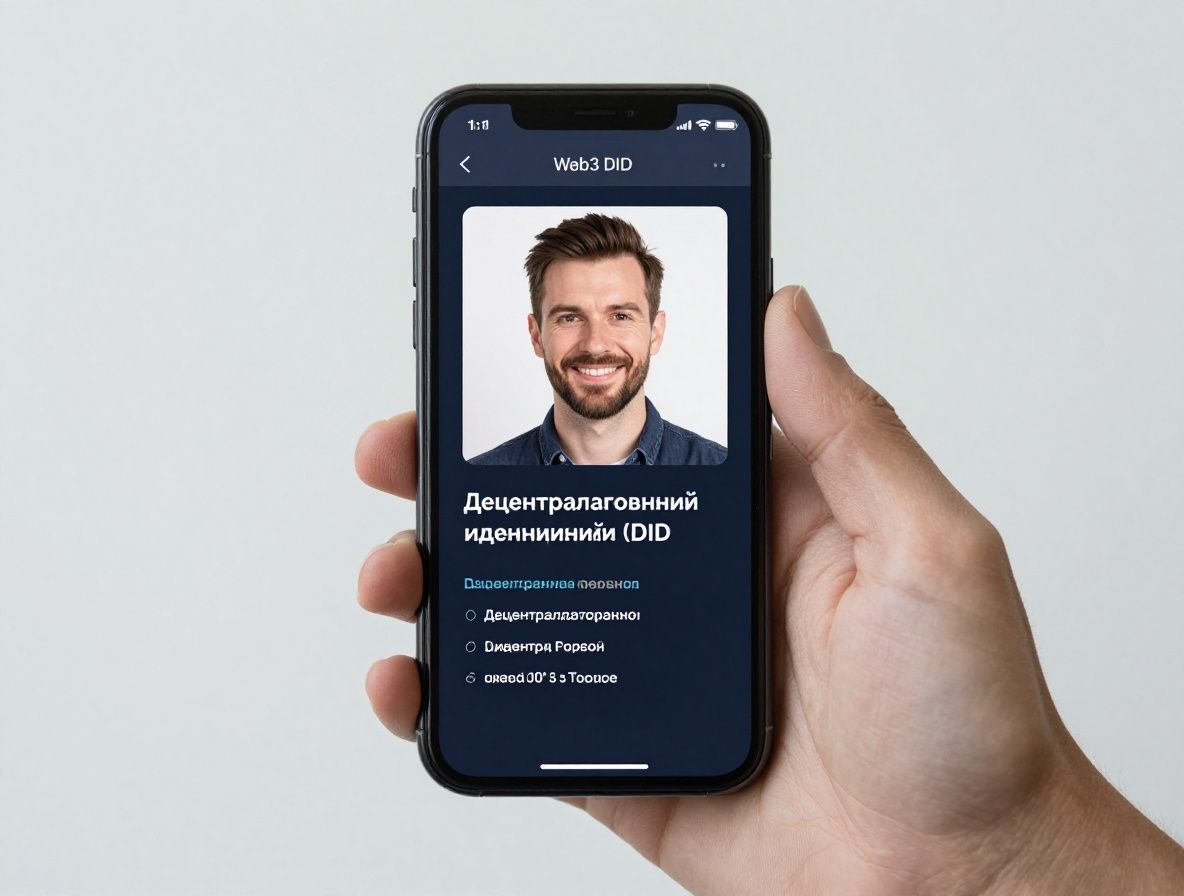 Цифровой паспорт с биометрическими данными на экране смартфона, символизирующий децентрализованную идентификацию личности в Web3