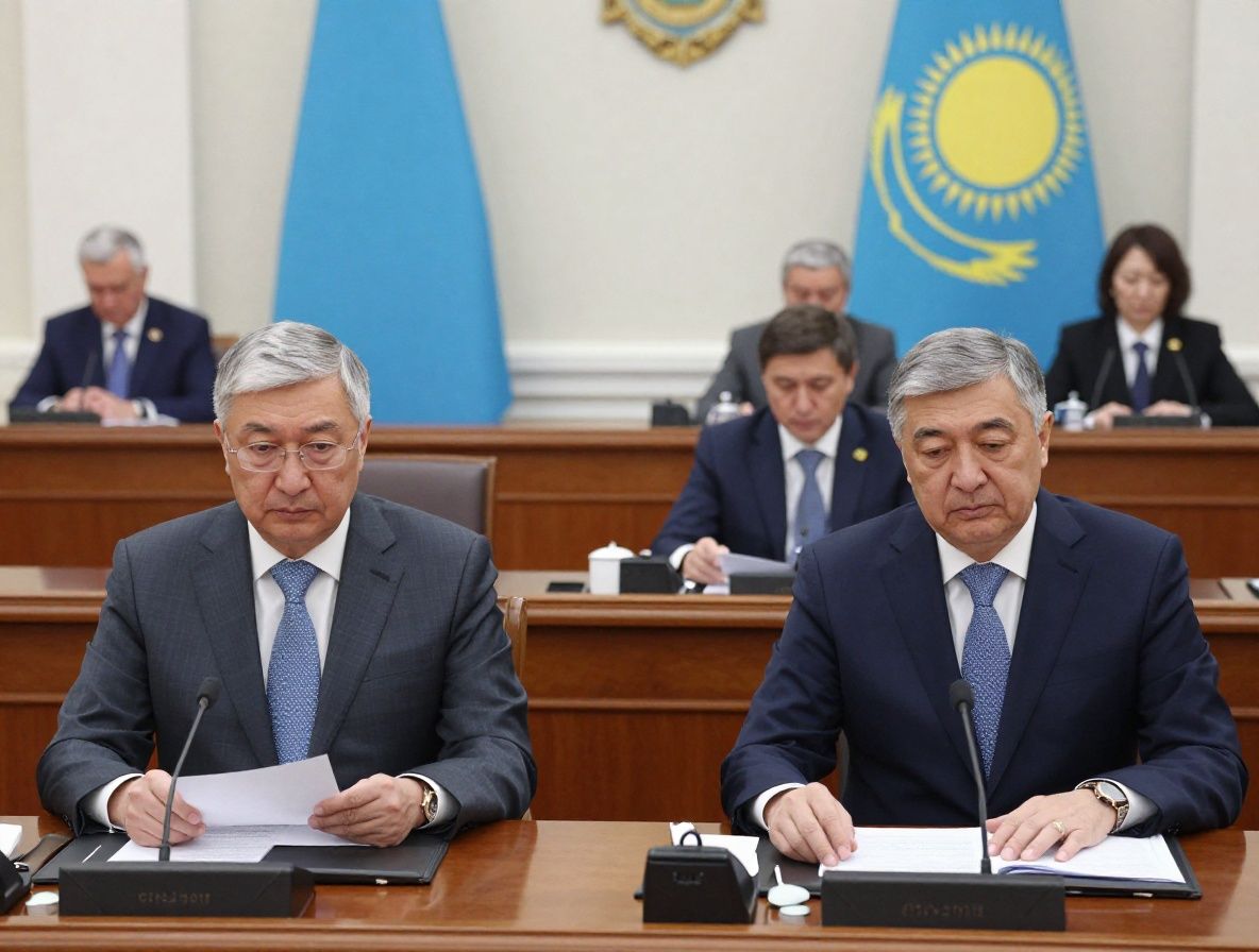 Зал заседаний казахстанского парламента с официальными лицами, обсуждающими законодательство о цифровых активах и криптовалютах