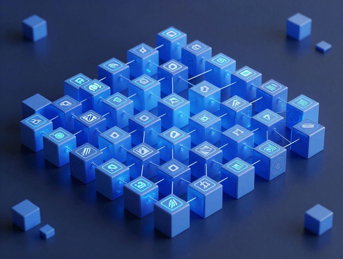 Трёхмерная архитектура блокчейн-цепочек с голубыми светящимися блоками и связями между узлами на тёмном фоне, иллюстрирующая децентрализованную сеть